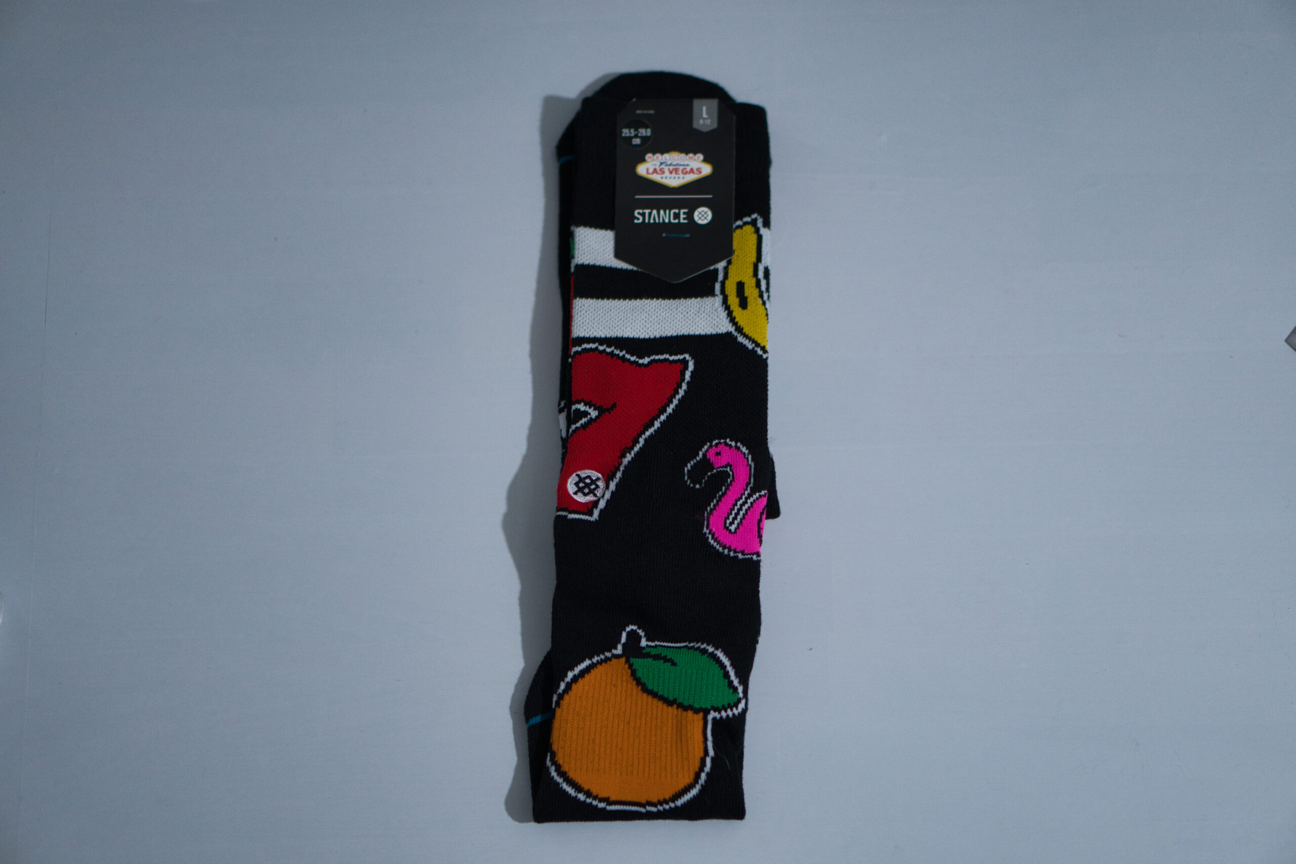 STANCE × Las Vegas コラボクルーソックス 全体 Lucky 7・フラミンゴ・オレンジ柄 タグ付き